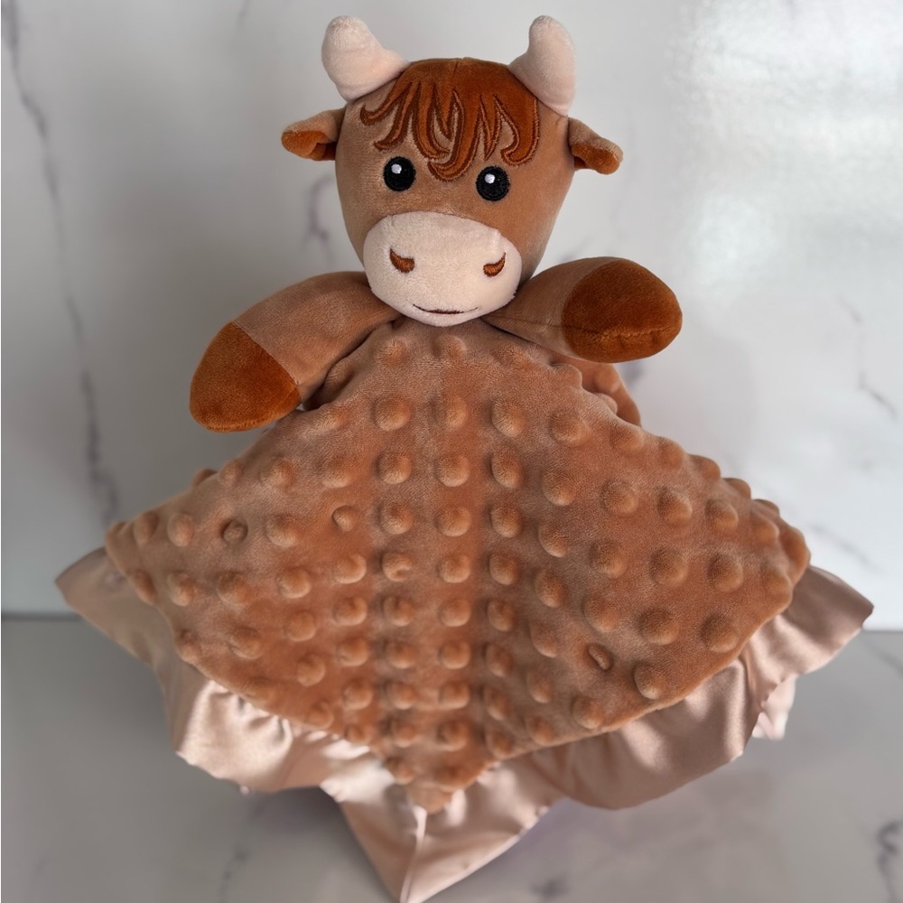Lovey Security Blanket Cow Satin Trim Brown Tan Highland Soft Textured MovePai
